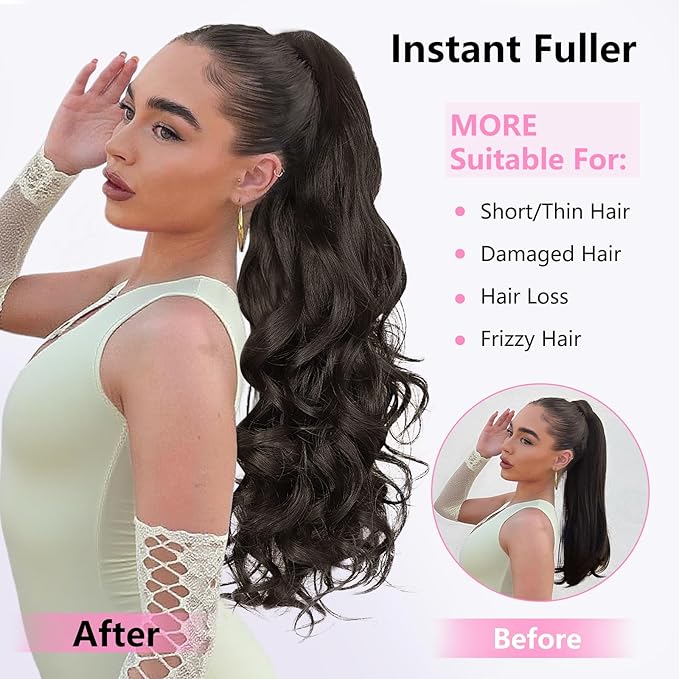 ALXNAN Ponytail Extension,24 Inch Claw Clip in Long Curly Wavy Black Brown Ponytail Hair Extension Jaw Clip on Pony Tails Hairpiece for Women