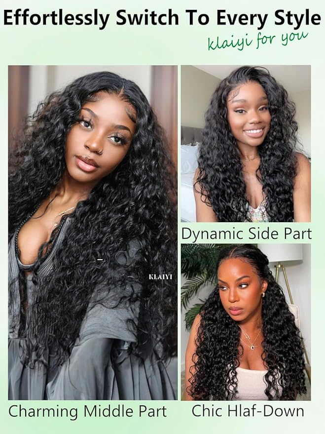 KLAIYI Water Wave Bye Bye Knots Glueless Wig Human Hair 7x5Precut Lace Front Pre Plucked Bleached Wear and Go Wig with Curly Baby Hair Drawstring 3S Ready to Go Pre Everything Beginner Friendly 26Inch