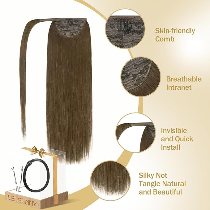 Ve Sunny Hair Extensions Ponytail Real Human Hair Wrap Around Clip in Ponytail Hair Extensions Straight Extensions Human Hair for Women Light Ash Brown 16inch 80G