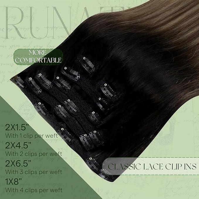 RUNATURE Balayage Clip in Hair Extensions, 18 Inch Hair Extensions Clip Ins, Double Weft Human Hair Clip in Extensions, Remy Natural Hair, 120g 7pcs #1B/6/27 Black Rooted to Brown Highlight Blonde