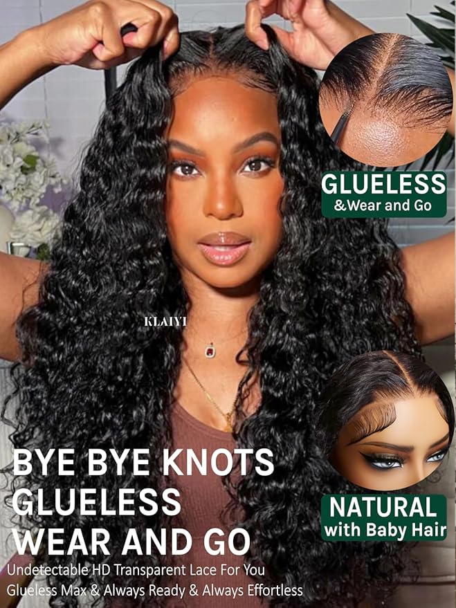 KLAIYI Water Wave Bye Bye Knots Glueless Wig Human Hair 7x5Precut Lace Front Pre Plucked Bleached Wear and Go Wig with Curly Baby Hair Drawstring 3S Ready to Go Pre Everything Beginner Friendly 20Inch