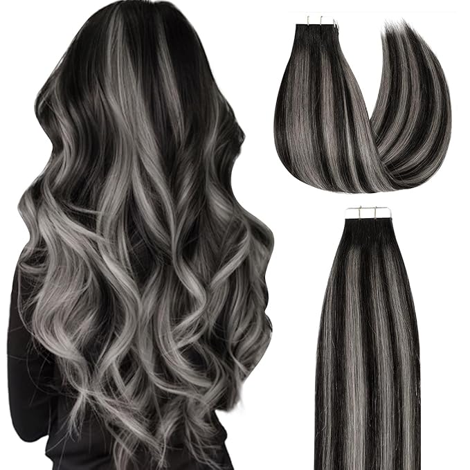 Lacer Grey Tape in Hair Extensions Human Hair Straight Natural Black to Silver Highlights with Natural Black Roots Hair Extensions Tape in 20 Inches 20pcs/50g