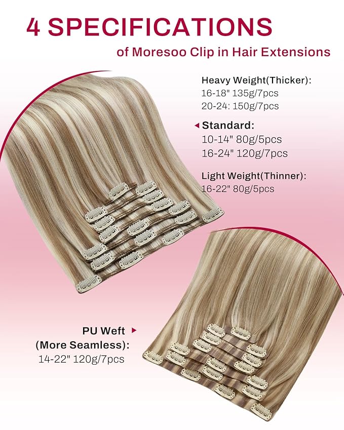 Moresoo Clip in Hair Extensions Brown with Blonde Highlights Clip ins Human Hair Dark Golden Brown with Platinum Blonde Short Real Human Hair 80g/5pcs 12 inch