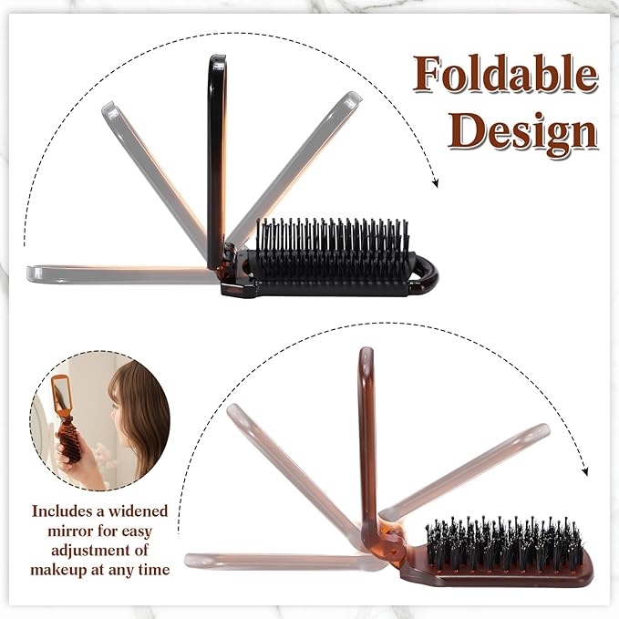 Nuenen 4 Pcs Folding Hair Brush with Mirror Portable Mini Hair Brush Small Compact Pocket Comb for Family Travel Car Gym Wig Bag Purse Gift Women (Tortoiseshell,Mixed Style)