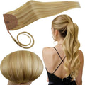 RUNATURE Human Hair Ponytail Straight, Ponytail Extension Human Hair, Real Hair Ponytail Extension Blonde, Remy Natural Hair Add Volume, 14 Inch 70g #16P24 Golden Blonde Highlights