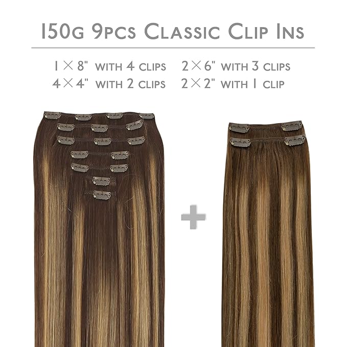 WENNALIFE Clip in Hair Extensions, 150g 20 Inch 9pcs Balayage Chocolate Brown to Honey Blonde Remy Hair Thicker Double Weft Extensiones De Cabello Humano Con Clip Ins Straight Full Volume