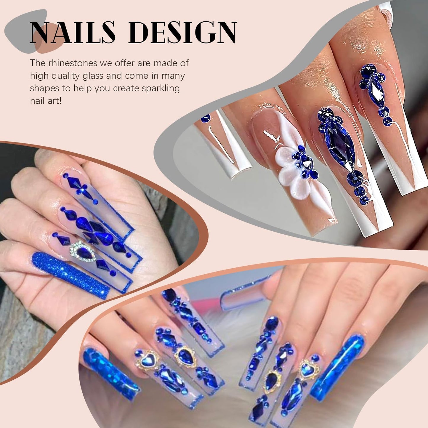 1680Pcs Royal Blue Glass Nail Rhinestones 180Pcs Multi Shapes Flatback Nail Gems + 1500Pcs 1.5-4mm Round Crystal, Manicure Nail Charms Diamond Gemstones for Acrylic Nails Decoration