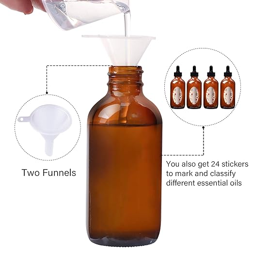 12 Pack 4oz Amber Glass Bottles with Glass Eye Droppers for Essential Oils, Perfumes & Lab Chemicals (1 Brush, 2 Funnels, 2 Extra Droppers, 24 Pieces Labels & 30ml Measuring Cup Included)