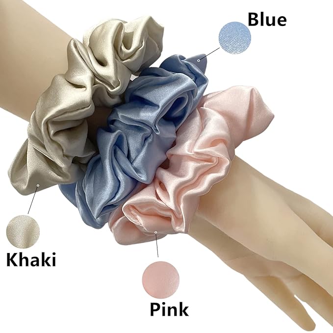 Suncdelv Silk,100% Silk Scrunchies for Hair,22 Momme Hair Ties for Anti-Crease & Breakage,Natural Women Hair Accessories，Fashion Hairbands 3PCS(Pink,Blue,Khaki）