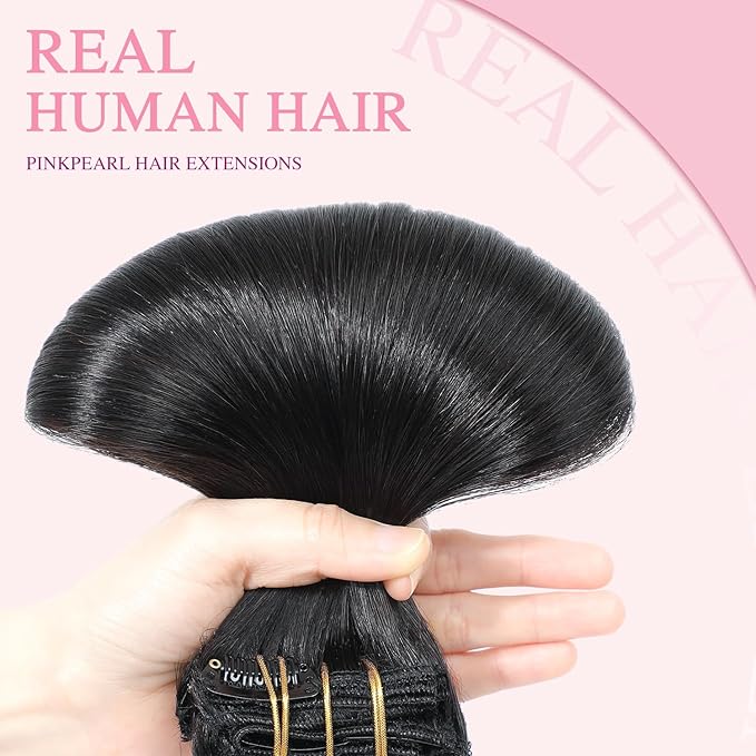 PINKPEARL Clip in Human Hair Extensions #1B Natural Black Clip in Hair Extensions Real Human Hair 16 inch Remy Hair 120g 7pcs Straight Natural Human Hair Clip ins(#1B-16)