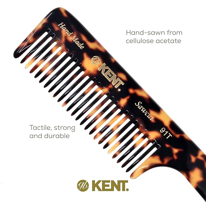 Kent 91T TY Wide Tooth Detangler Hair Comb for Women and Men -for Curly and Wavy Hair -Wet Hair Comb, Large Handle Wide Tooth Shower Comb for Effective Detangling,Saw-Cut Hand Polished made in England