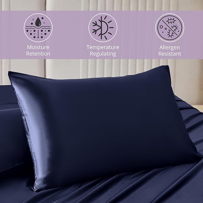 Mulberry Park 30 Momme 100% Pure Mulberry Silk Pillowcase - Luxury Charmeuse Weave for Hair and Skin, Cooling Silk Pillow Cover for Beauty Sleep - Standard Size 20"x26" / Navy