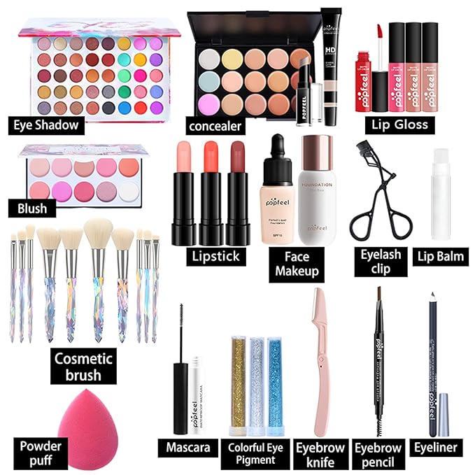 All-in-one Professional Makeup Set for Beginners or teen girls, Cosmetic-Gift for Women -Include Makeup Brush Set, Eyeshadow Palette, Eyebrow Pencil, Mascara, Concealer, Lip Gloss Set -014