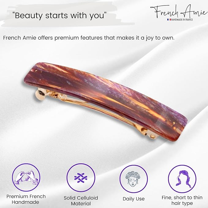 French Amie Small 2 1/4 inch Celluloid Handmade Hair Barrette No Slip Grip Durable Styling Women Hair Accessories Hair Clip for Girls, Made in France(Purple Touch)
