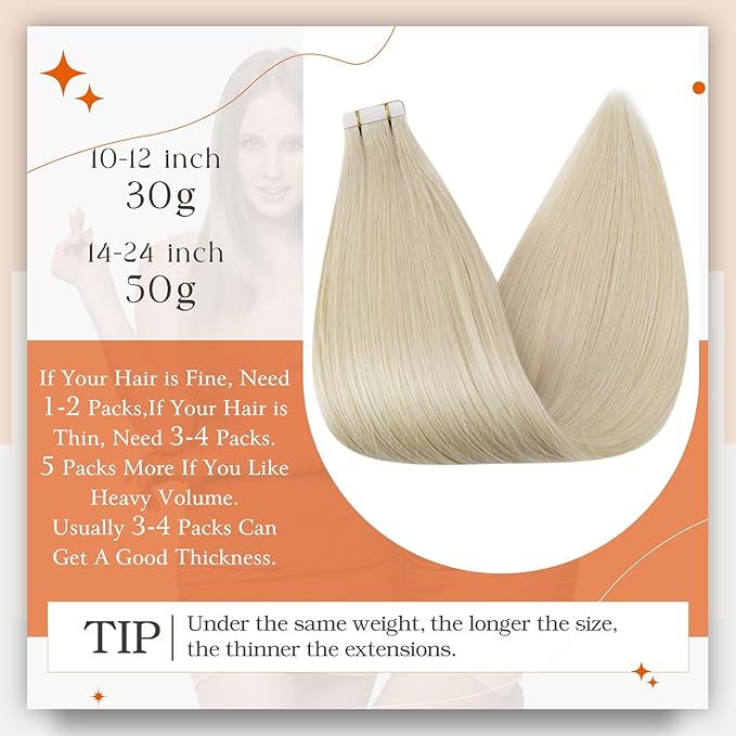 Full Shine Blonde Tape Hair Extensions Real Human Hair Color 613 Tape in Extensions Human Hair 26Inch Long Straight Extension Seamless Skin Weft for Women 50G Remy Brazilian Soft Extension 20Pcs