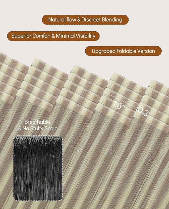 VINBAO 55g Invisi Edge Tape in Human Hair Extensions Dirty Blonde Highlighted Blonde 20in 20pcs Injection Tape in Hair Extensions Natural Blend 20inch #18P60