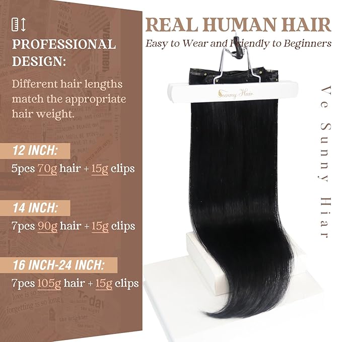 Ve Sunny Human Hair Clip in Extensions, Clip in Extensions Real Human Hair, Black Clip in Hair Extensions Straight Hair Extensions for Thin Hair 16inch 120g 7pcs