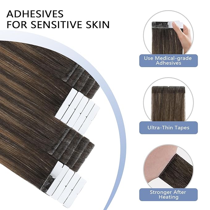 COOKAYU Invisible Tape in Hair Extensions, Balayage Dark Brown to Dirty Blonde 16Inch 20pcs 35g/pack Straight Real Human Hair Invisible Injected Tape in Extensions