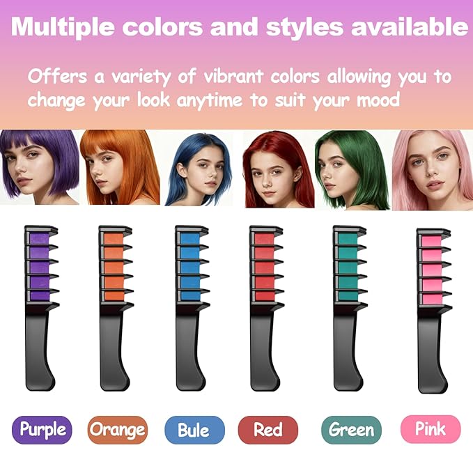 6 Colors Festive Fun Hair Chalk Combs, 2026 New Temporary Glitter Hair Colors Hairs Chalk Combs, Washable DIY Color Dye for Birthday Christmas New Year Cosplay Hairs DIY Party for Teenage Girls Kids