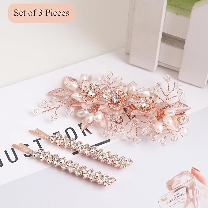 Floral Crystal Pearl Alligator Hair Clip and Rhinestone Bobby Pins, Elegant Hair Accessories for Bridal Women in Wedding or Prom, Set of 3 (Rose Gold)