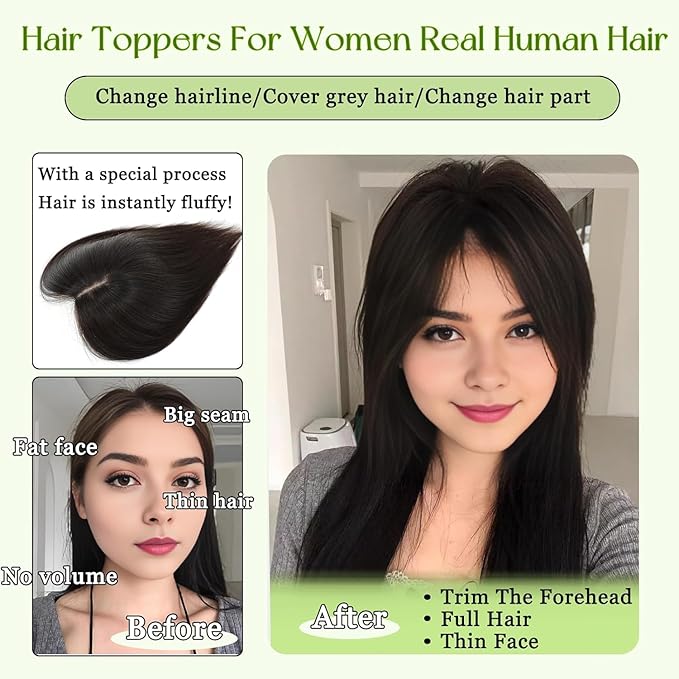 Hair Toppers for Women Real Human Hair, 360°3D Bangs Clip Human Toppers for Women with Thinning hair Realistic Scalp Line (60#, 3D Side Bangs (11 * 7))