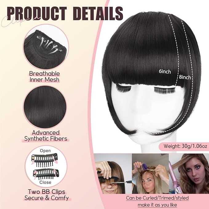 Clip in Bangs, Synthetic French Bangs Hair Clip, Natural Black Fake Bangs Fringe with Temples Hairpieces for Women Natural Curved Hair Extensions for Daily Wear