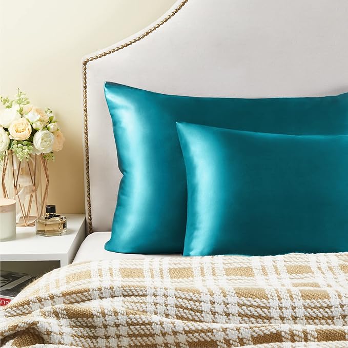 BEDELITE Satin Pillowcase for Hair and Skin, Super Soft and Cooling Similar to Silk Pillow Cases 2 Pack with Envelope Closure, Gift for Women Men(20"x26" Standard Size, Teal)
