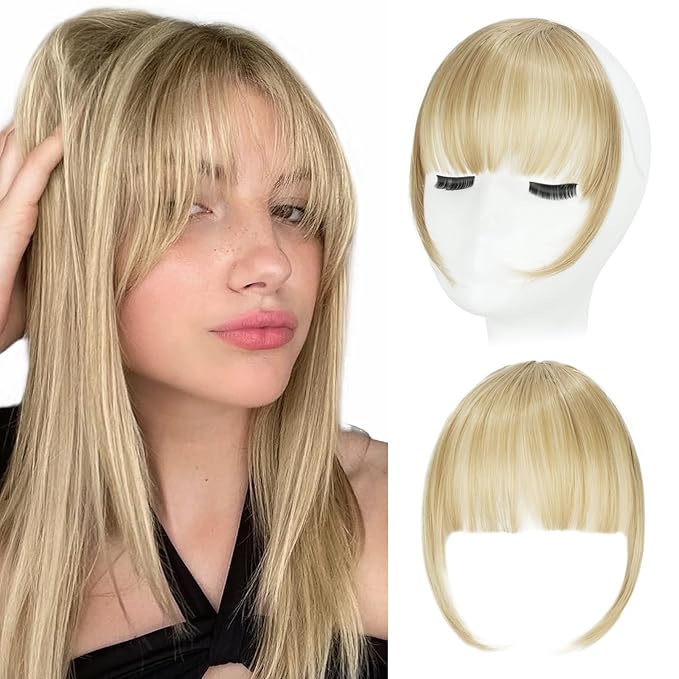 Clip in Bangs, Synthetic Wispy Bangs Hair Clip, Ash Blonde Fake Bangs Fringe with Temples Hairpieces for Women Natural Curved Hair Extensions for Daily Wear