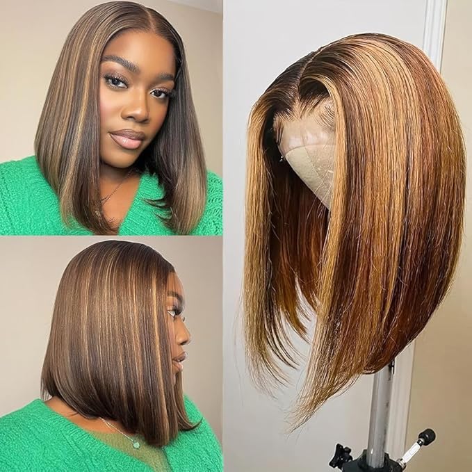 4/27 Ombre Highlight Bob Wig Human Hair 14 inch straight 427 bob wig 13x4 Highlight HD Lace Frontal Bob Wig Human Hair 180% Density Pre Plucked Ombre Short Bob Wigs for Black Women
