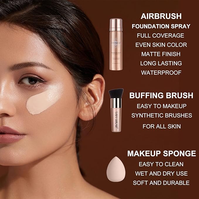 AirBrush Foundation Spray Set, Spray Foundation Makeup and Hydrating Face Primer Kit, Longwear Waterproof Liquid Matte Foundation Mist for Flawless Look, Brush and Sponge Include (#6 Sunny Beige)