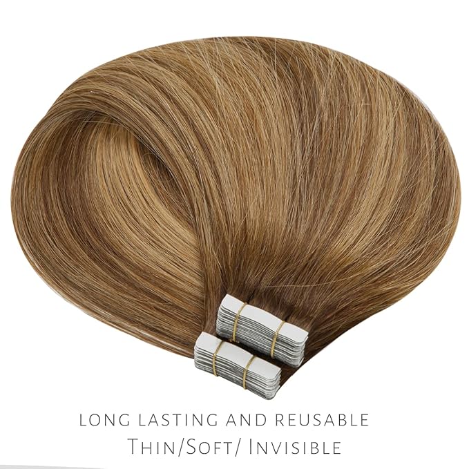 Lacer Tape in Hair Extensions Real Human Hair Chocolate Brown to Strawberry Blonde Highlights with Chocolate Brown Roots Human Hair Tape in Extensions 20pcs 50g 14 Inch