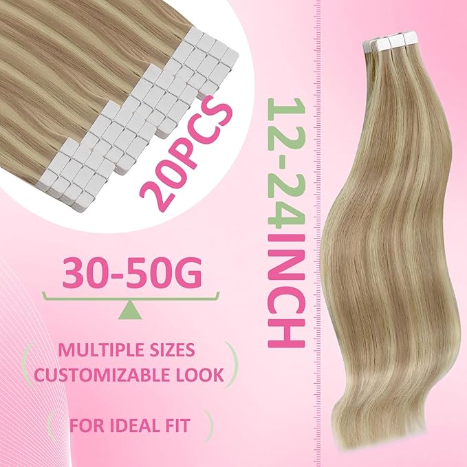 YoungSee Blonde Tape in Hair Extensions Real Human Hair Highlight Tape ins Human Hair Extensions For Women Natural Hair Tape-in Extension 20 Inches 20pcs 50g Adding Volume