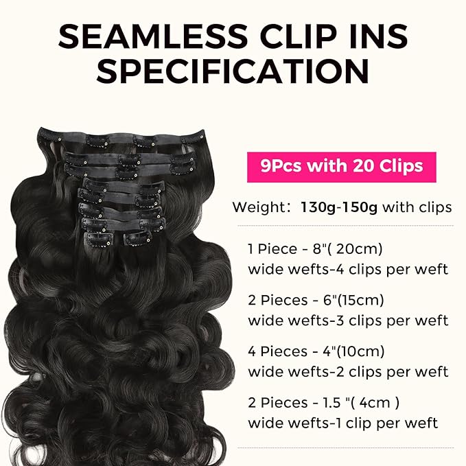 Lashey Seamless Clip in Hair Extensions Human Hair 9pcs 130g Body Wave Hair Extension 14 Inch #1B Natural Black Soft Natural Human Hair Clip in Hair Extensions with Invisi Edge
