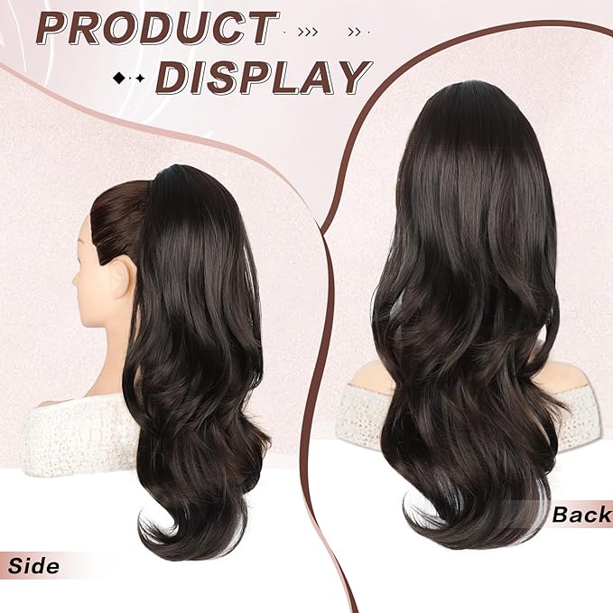 Ponytail Extension, Drawstring Ponytail Extension for Women Long Black Brown Wavy Pony Tails Hair Extensions Synthetic Wavy Clip in Ponytail Hairpiece for Women