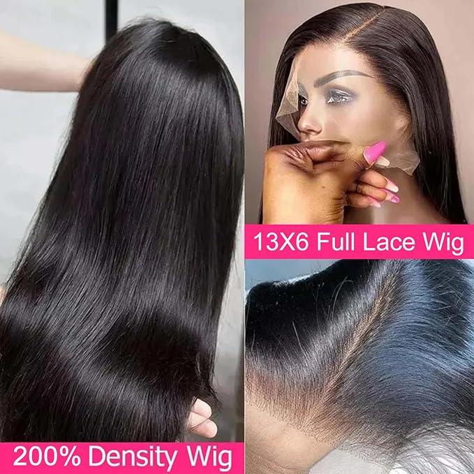 Lemoda 13x6 Full Lace Frontal Wig 180% Density Straight Lace Front Wigs Human Hair HD Transparent Lace Glueless Wig Pre Plucked 15A Brazilian Virgin Human Hair Wigs for Women 34 Inch