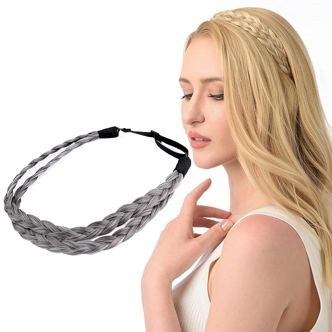 DIGUAN Double Three Strand Synthetic Hair Braided Headband Hairpiece Extension Women Girl Beauty accessory (Dark Gray)