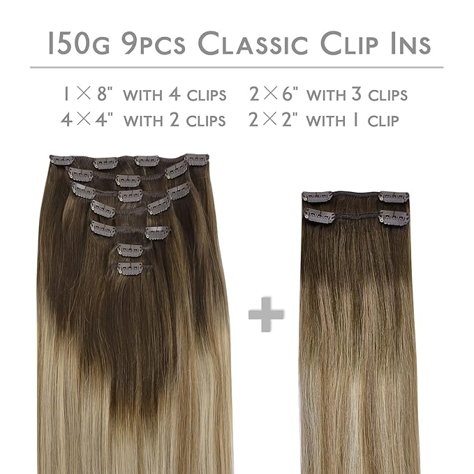 WENNALIFE Clip in Hair Extensions, 150g 22 Inch 9pcs Ombre Walnut Brown to Ash Brown and Bleach Blonde Human Hair Extensions Thicker Clip in Hair Extensions Real Human Hair Clip Set Double Weft