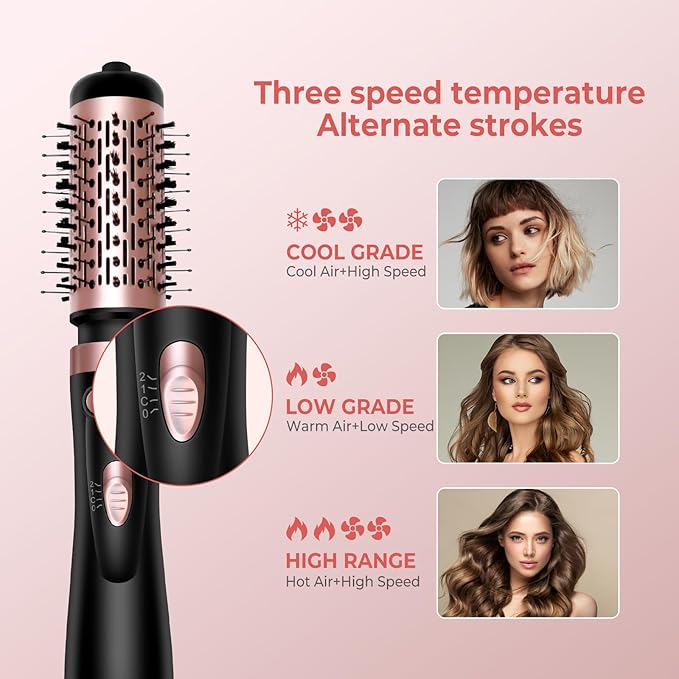 Hair Dryer Brush, 3-in-1 Rotating Round Hot Air Spin Brush Set with 2 Brushes (2" & 1.5"), Negative Ionic Blow Volumizer, 2 Detachable Auto-Rotating Curling Brush 100-120V