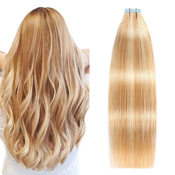 SUYYA Tape in Hair Extensions Human Hair Strawberry Blonde to Light Blonde Remy Hair 22 inches 20pcs 50g/pack Straight Seamless Skin Weft Tape in Human Hair Extensions Piano Color(22 inch #P27/24B)