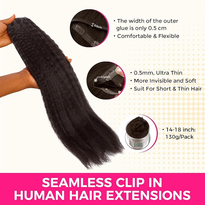 Lashey Seamless Clip in Hair Extensions Human Hair 130g 18 Inch 9pcs #2 Dark Brown Kinky Straight Full Pack Clip in Hair Extensions for Women