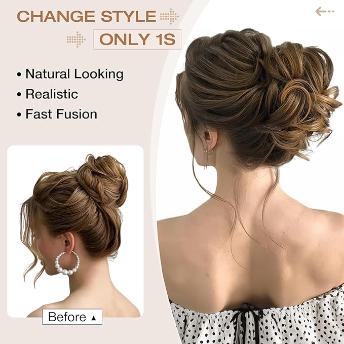 Messy Bun Hair Piece Wavy Curly Scrunchies Fluffy Donut Thick Updo Elegant Chignon Hairpieces for Women Girls, Light Brown Mix Ash Blonde 1.4oz