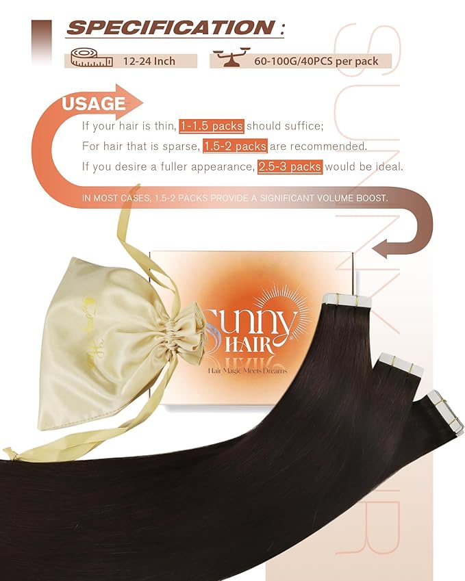 Sunny Hair Tape in Hair Extensions Human Hair 16inch Hair Extensions Real Human Hair Tape in Extensions for Women Darkest Brown Invisible Natural Straight Skin Weft Double Sided Tape 40pcs 100g