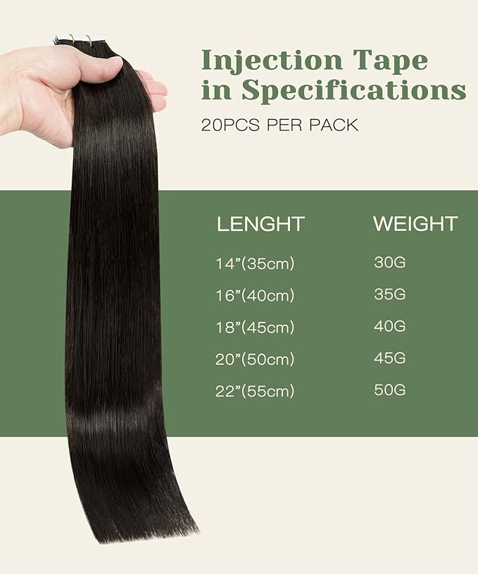 SURNEL Injected Invisible Tape in Hair Extensions 18 Inch Darkest Brown Injection Seamless Tape in Extensions Human Hair 20Pcs 40g(#2,18)