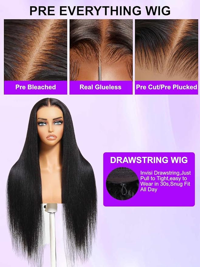 YIROO No Slip 7x5 Bye Bye Knots Yaki Straight Lace Front Glueless Drawstring Wig Human Hair with Deep Stretch Cap Fits All Head Sizes,Pre-Plucked Pre-Cut Wear and Go Wig for Women 150% Density 24Inch