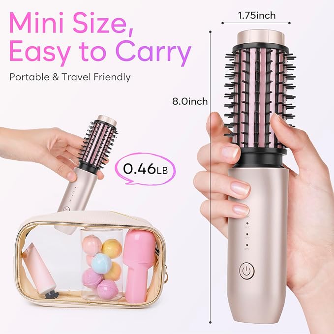 Cordless Curling Iron Brush, 3-in-1 Portable Curling Iron, 2024 New Hair Straightener Comb, 7000Mah USB Rechargeable Travel Hair Curler for Women, Pink