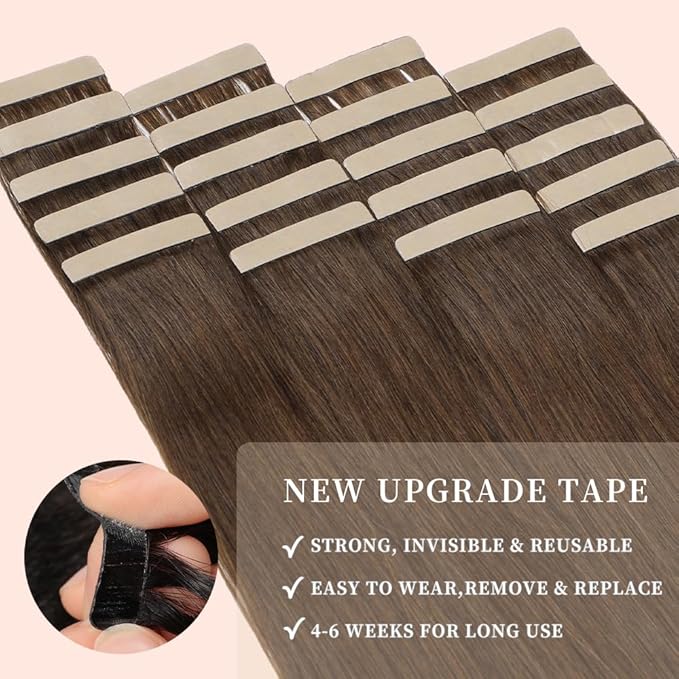 Tape in Hair Extensions Real Human Hair 24 Inch Darkest Brown Double Sided Tape for Skin Weft Hair Extension Invisible Tape in Hair Extensions Straight Remy Human Hair for Women 20pcs (4#,24 Inch)