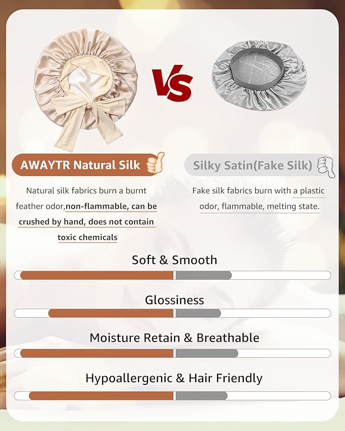 AWAYTR Silk Bonnet for Sleeping Women 100% Mulberry Silk Bonnet with Band 2 Layer Reversible Hair Bonnet Sleeping Hair Wrap (Champagne/Beige)