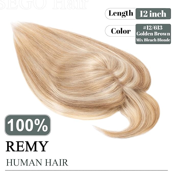 SEGO Hair Toppers for Women Real Human Hair with Front Bangs, Clip in Toppers with Thinning Hair 150% Density Silk Base -12 Inch #12/613 Golden Brown Mix Bleach Blonde