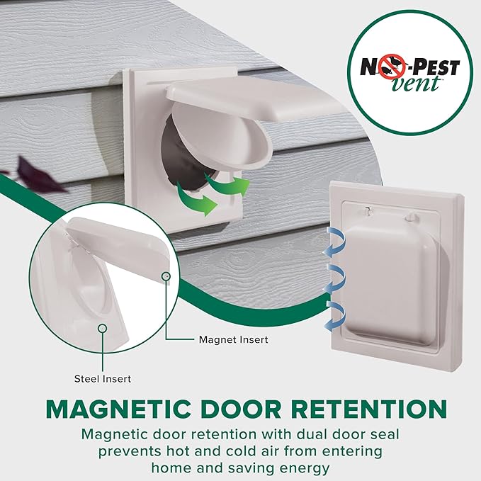 NO-PEST VENT, Exclusive Dual Door Dryer Vent Cover Outdoor 4 inch or Bathroom fan, Made in USA w Highest UV Resistant Plastic in any Outdoor Vent Cover (Light Grey, 4 inch W/O Duct Tube)