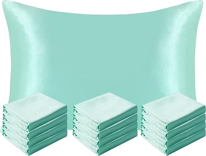 NTBAY 12 Pack Satin Queen Pillowcases for Hair and Skin, Luxurious and Silky Pillow Cases with Envelope Closure, 20 x 30 Inches, Light Blue